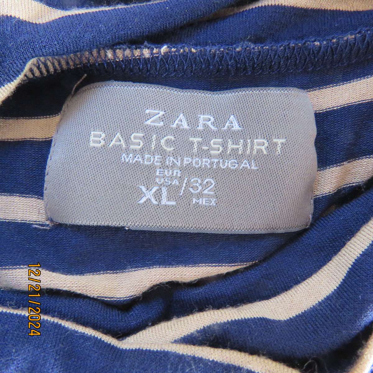 ZARA Basic long raglan sleeve stretch viscose T Shirt size 40 from Portugal.Navy/gold colour stripes