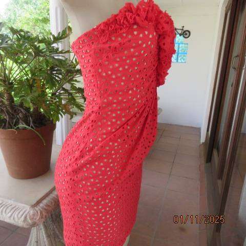BIACCI Italian make red broderie anglaise evening dress with cream lining. Size 32