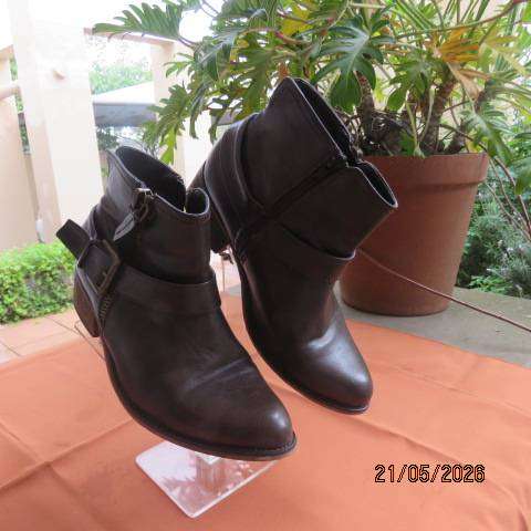 Truworths brown faux leather ankle boots with zip and buckle strap, size 5