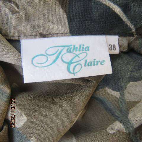 TAHLIA CLAIRE seaweed green with grey-teal floral print button down top. Size 40