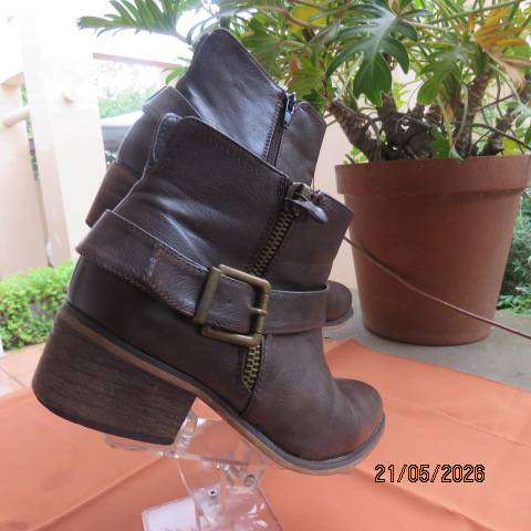 Truworths brown faux leather ankle boots with zip and buckle strap, size 5