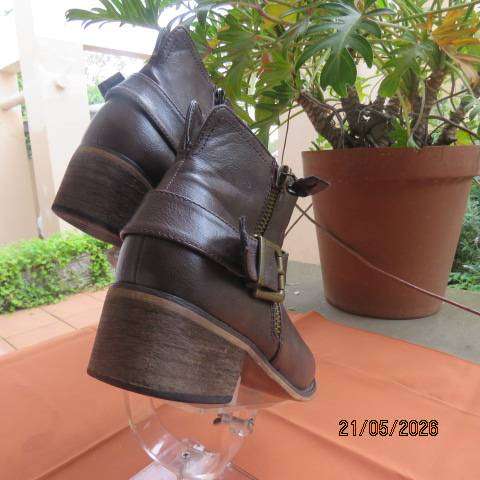 Truworths brown faux leather ankle boots with zip and buckle strap, size 5