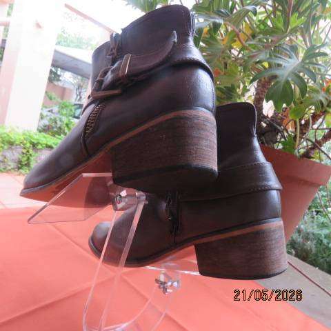 Truworths brown faux leather ankle boots with zip and buckle strap, size 5