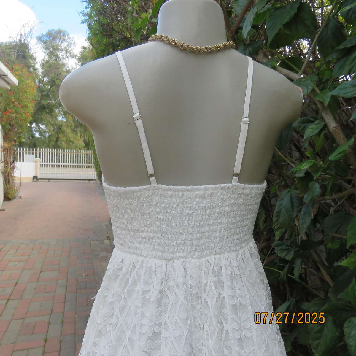 SHEIN white strappy polyester lace evening dress with high-low seamline. Size 36