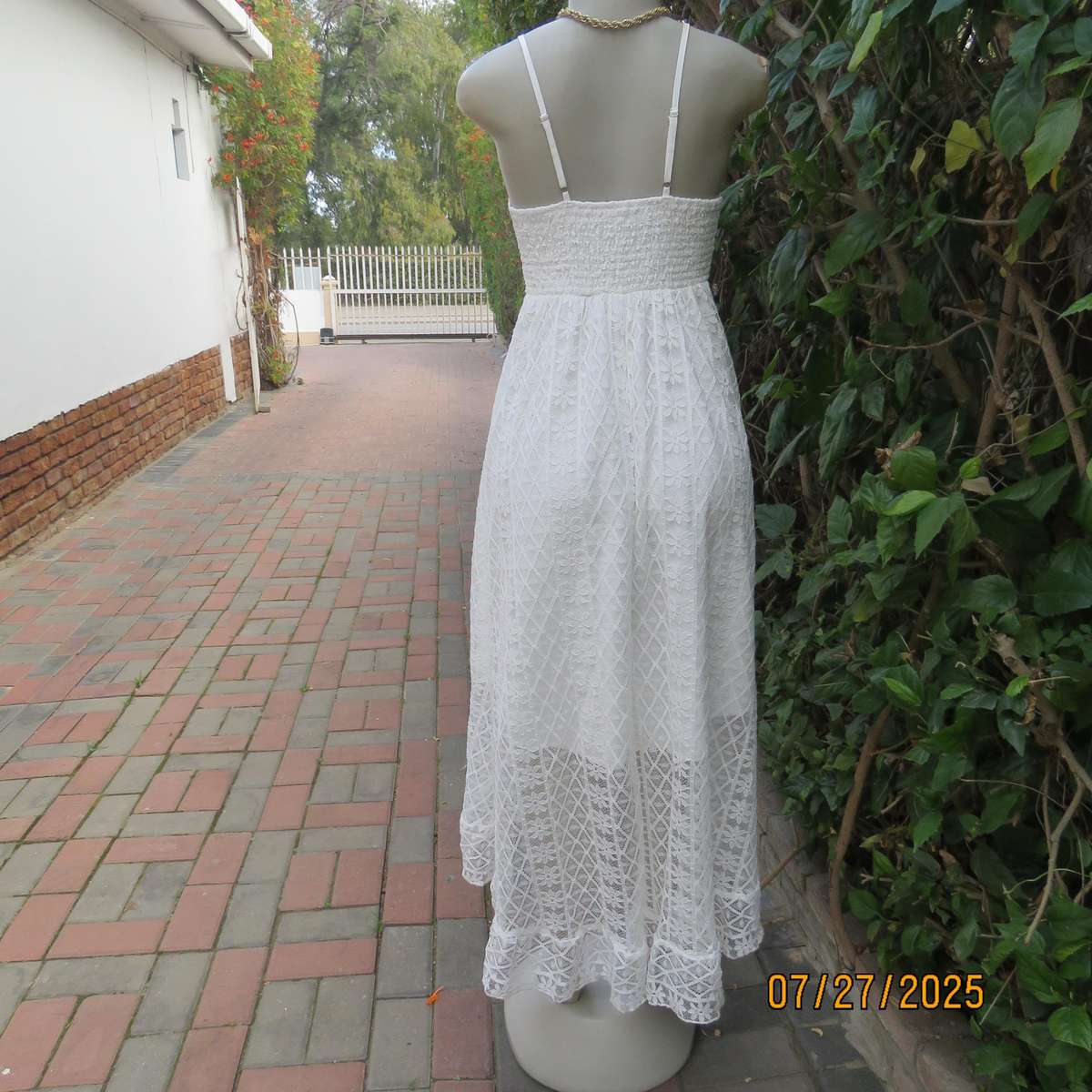 SHEIN white strappy polyester lace evening dress with high-low seamline. Size 36