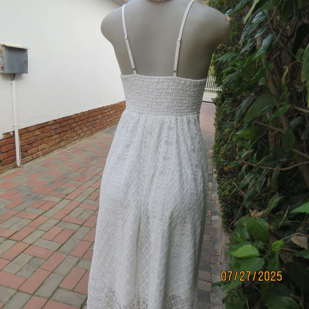 SHEIN white strappy polyester lace evening dress with high-low seamline. Size 36