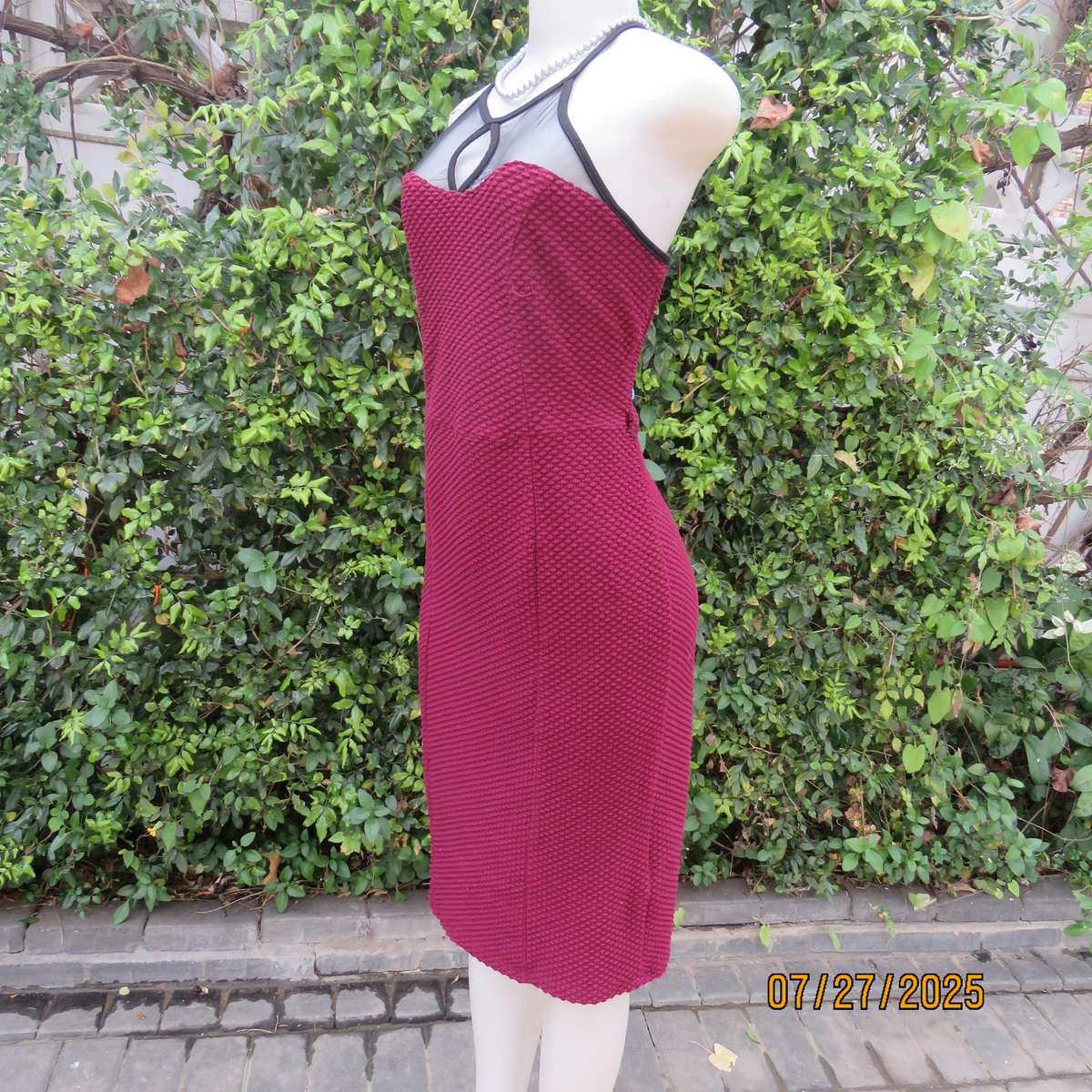 MISS L maroon bubble textured stretch polyester smart casual dress. Black netting neck area. Size 38