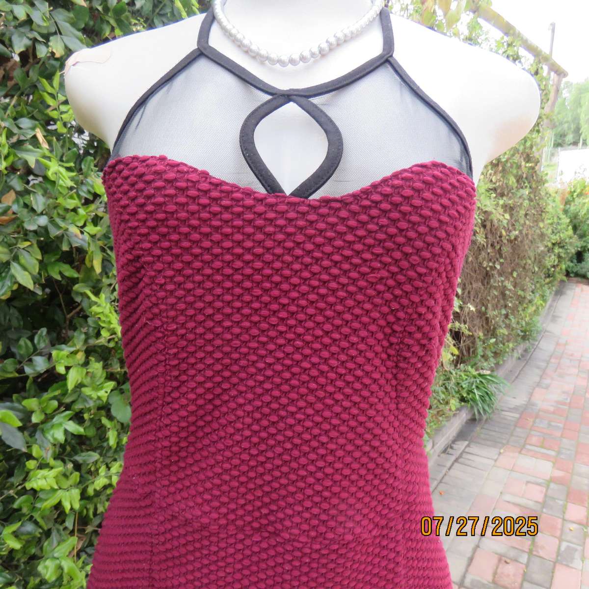 MISS L maroon bubble textured stretch polyester smart casual dress. Black netting neck area. Size 38