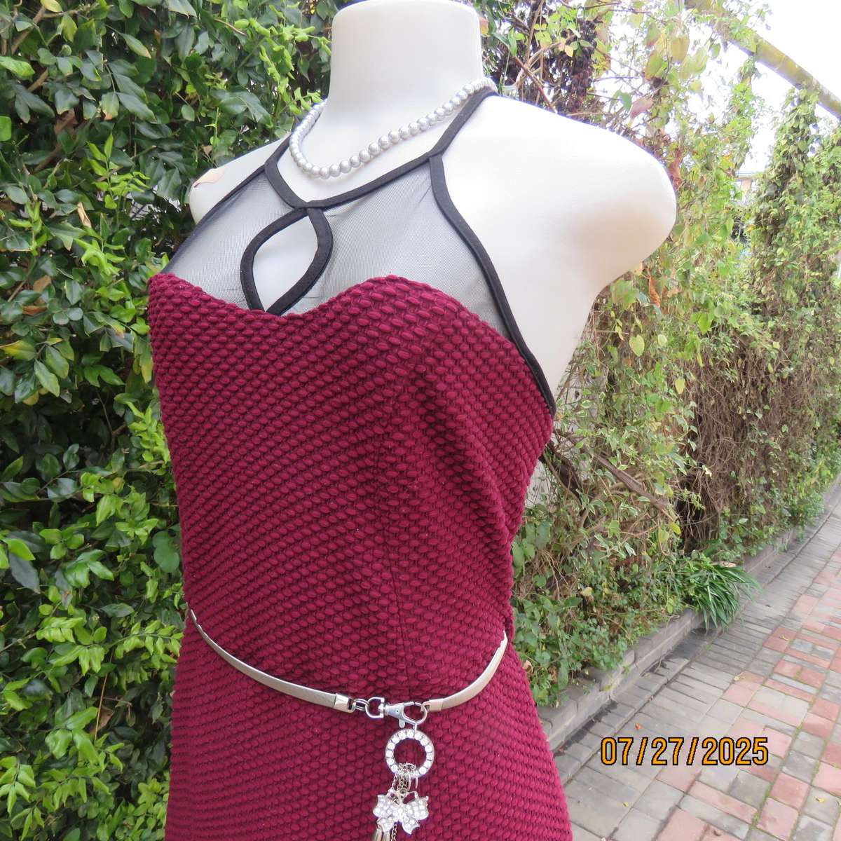 MISS L maroon bubble textured stretch polyester smart casual dress. Black netting neck area. Size 38