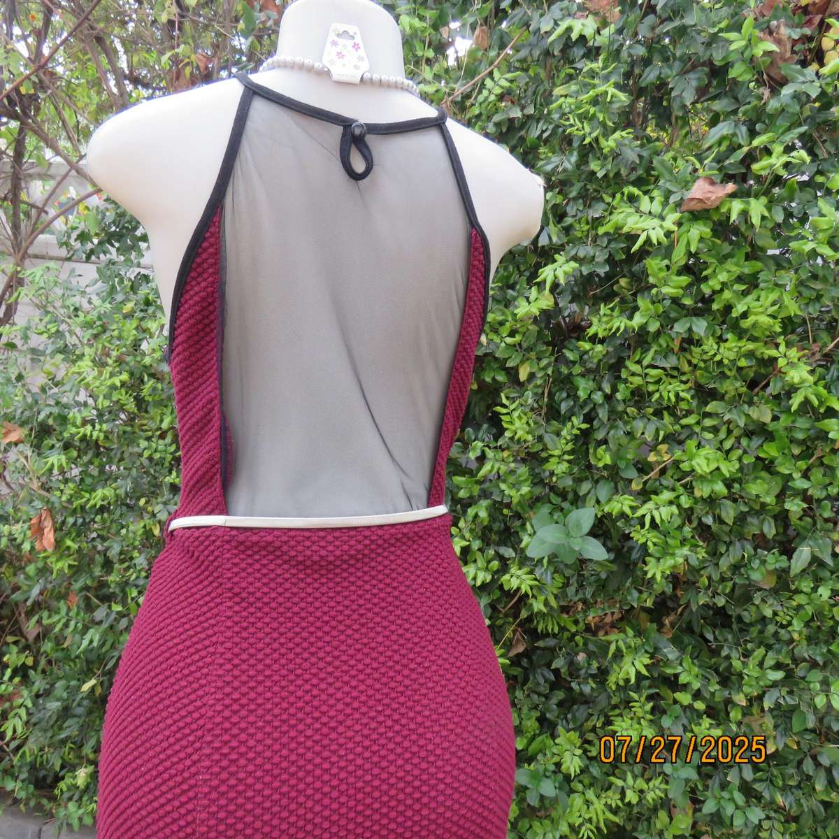 MISS L maroon bubble textured stretch polyester smart casual dress. Black netting neck area. Size 38