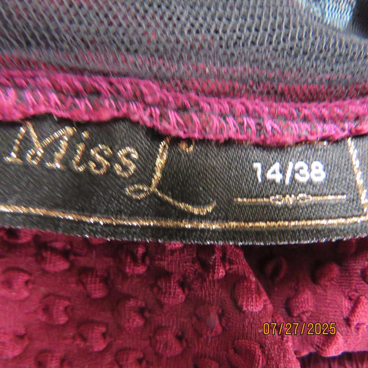 MISS L maroon bubble textured stretch polyester smart casual dress. Black netting neck area. Size 38