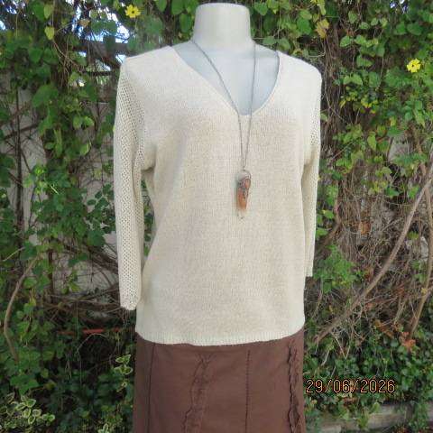 Woolworths beige acrylic-nylon knit V-neck slip-over top with lace pattern sleeves, size 36