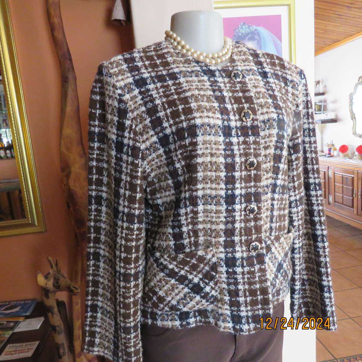 Amazing long sleeve brown/cream/black woven woolen check  jacket.Size 38 by FUTURE Collective.