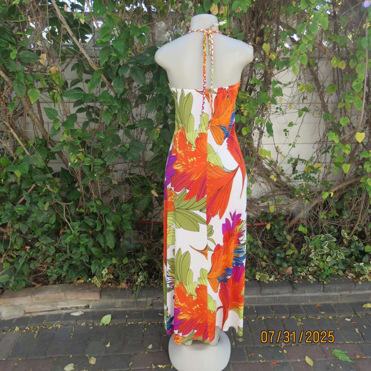 KLESSMANN white stretch polyester with orange-purple-green bold feather print size 36 halter dress.