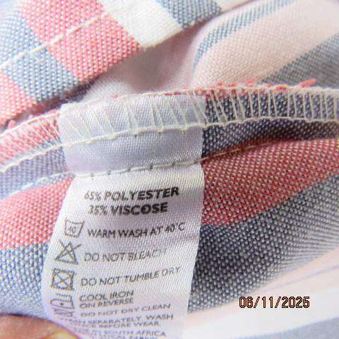 Striped cool strappy poly-viscose dress in steel blue-crimson and cream. Size 36