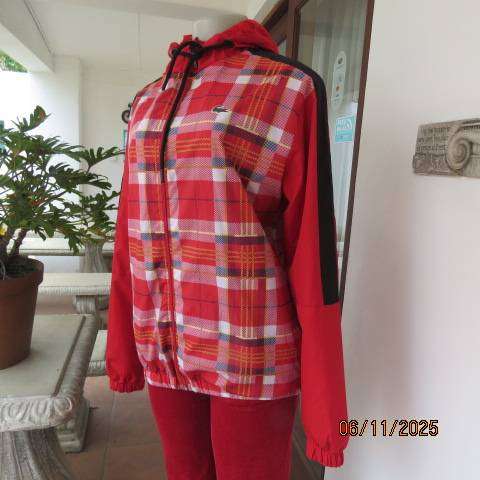 LACOSTE red and red-yellow-black check zip-up nylon hooded jacket size 38