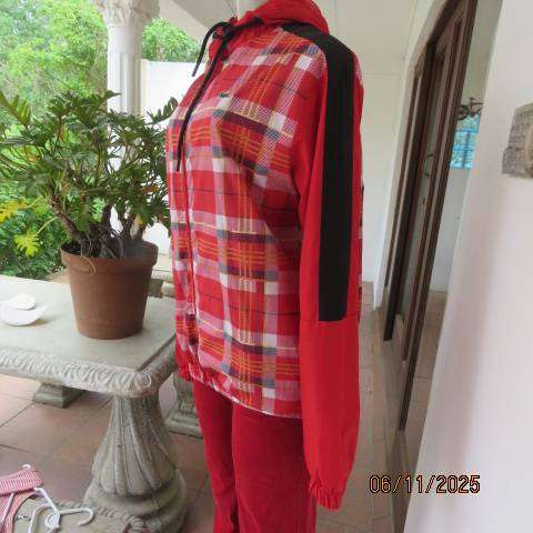 LACOSTE red and red-yellow-black check zip-up nylon hooded jacket size 38