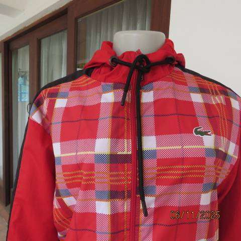 LACOSTE red and red-yellow-black check zip-up nylon hooded jacket size 38