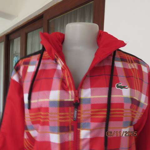 LACOSTE red and red-yellow-black check zip-up nylon hooded jacket size 38