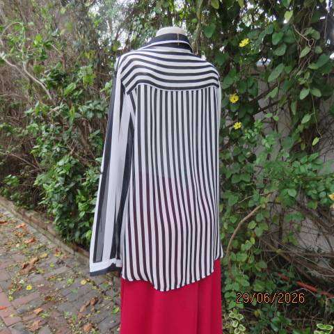 DONATELLA black and white vertical striped sheer polyester long sleeve button-down top, size 48