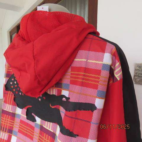 LACOSTE red and red-yellow-black check zip-up nylon hooded jacket size 38