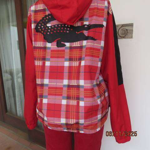 LACOSTE red and red-yellow-black check zip-up nylon hooded jacket size 38
