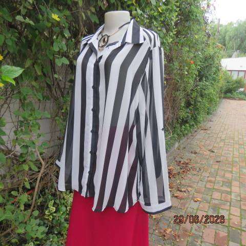 DONATELLA black and white vertical striped sheer polyester long sleeve button-down top, size 48