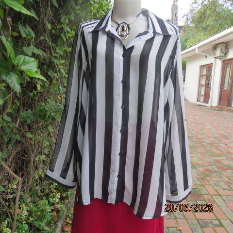 DONATELLA black and white vertical striped sheer polyester long sleeve button-down top, size 48