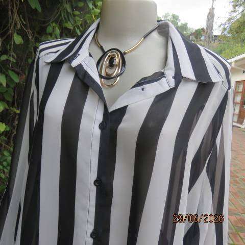 DONATELLA black and white vertical striped sheer polyester long sleeve button-down top, size 48