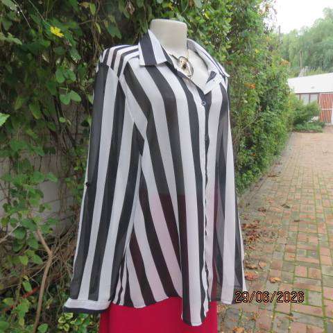 DONATELLA black and white vertical striped sheer polyester long sleeve button-down top, size 48
