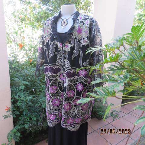 Boutique long sheer black evening jacket with gold and pink embroidery, size 46-48