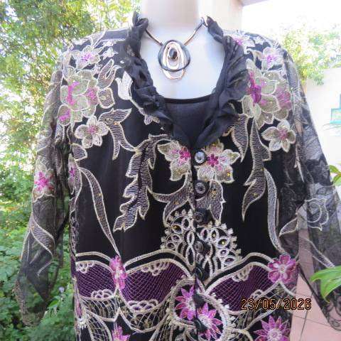 Boutique long sheer black evening jacket with gold and pink embroidery, size 46-48