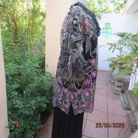 Boutique long sheer black evening jacket with gold and pink embroidery, size 46-48