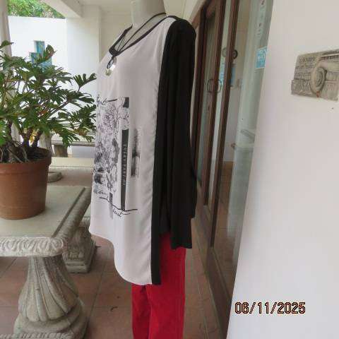 DONNA CLAIRE black viscose stretch long top with white front overlay size 44.