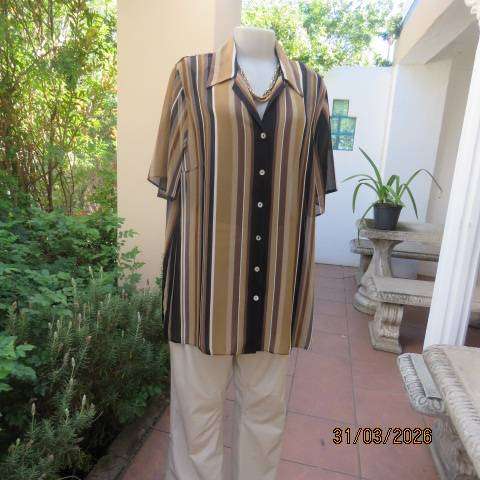 DONNA CLAIRE striped short sleeve polyester top in tan-cream-black and brown, size 42-44