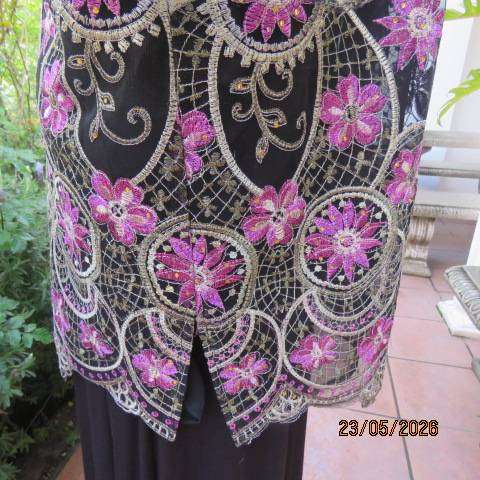 Boutique long sheer black evening jacket with gold and pink embroidery, size 46-48