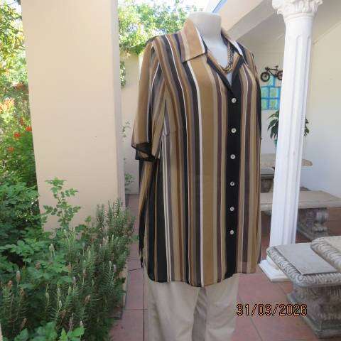 DONNA CLAIRE striped short sleeve polyester top in tan-cream-black and brown, size 42-44