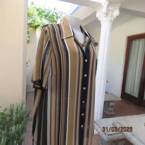 DONNA CLAIRE striped short sleeve polyester top in tan-cream-black and brown, size 42-44