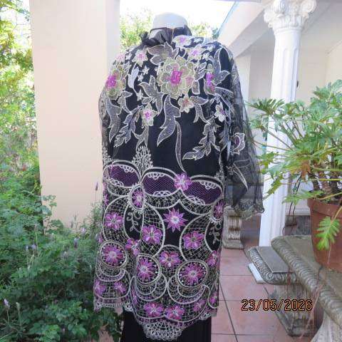 Boutique long sheer black evening jacket with gold and pink embroidery, size 46-48