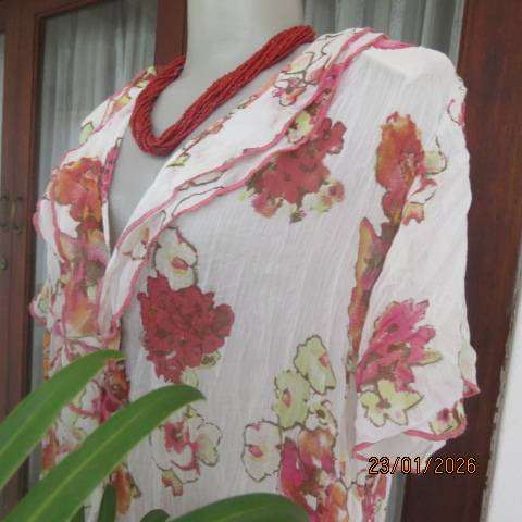 WOOLWORTHS dainty white crinkled polyester with crimson-yellowgreen floral print. Size 44
