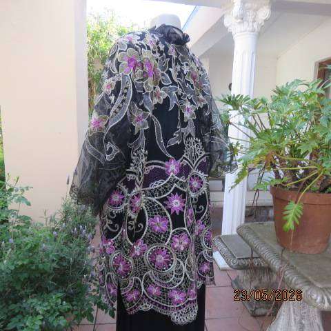 Boutique long sheer black evening jacket with gold and pink embroidery, size 46-48