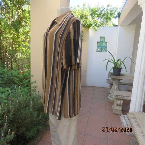 DONNA CLAIRE striped short sleeve polyester top in tan-cream-black and brown, size 42-44