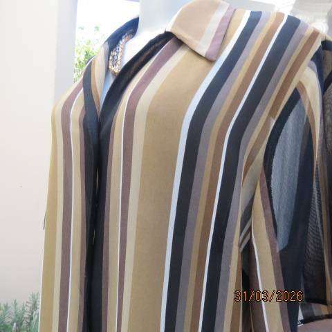 DONNA CLAIRE striped short sleeve polyester top in tan-cream-black and brown, size 42-44