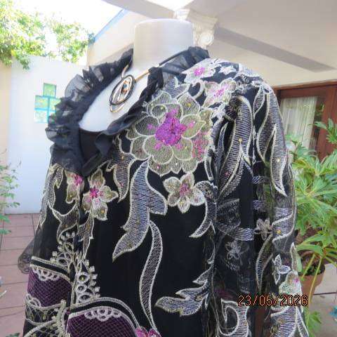 Boutique long sheer black evening jacket with gold and pink embroidery, size 46-48