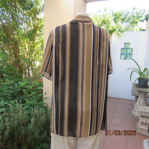 DONNA CLAIRE striped short sleeve polyester top in tan-cream-black and brown, size 42-44
