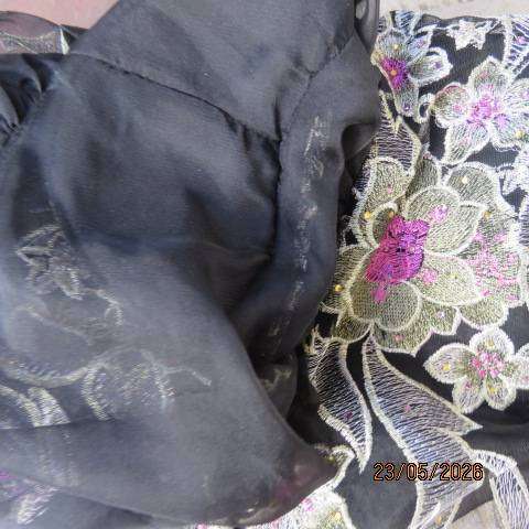 Boutique long sheer black evening jacket with gold and pink embroidery, size 46-48