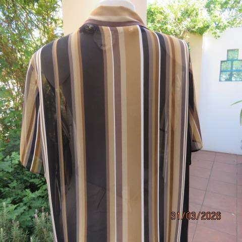 DONNA CLAIRE striped short sleeve polyester top in tan-cream-black and brown, size 42-44