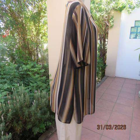 DONNA CLAIRE striped short sleeve polyester top in tan-cream-black and brown, size 42-44