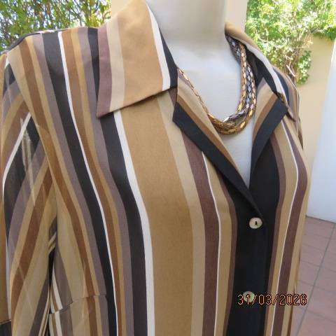 DONNA CLAIRE striped short sleeve polyester top in tan-cream-black and brown, size 42-44