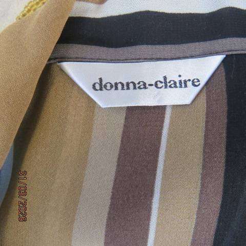 DONNA CLAIRE striped short sleeve polyester top in tan-cream-black and brown, size 42-44